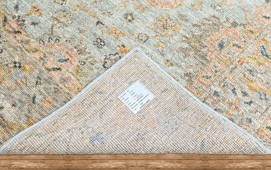 8x10 Aqua, Gray, Peach Color Hand Knotted Oushak Wool Transitional Oriental Rug