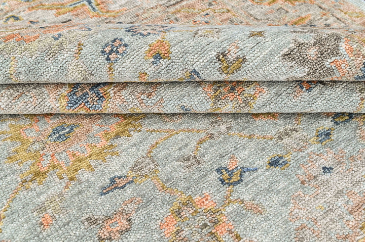 8x10 Aqua, Gray, Peach Color Hand Knotted Oushak Wool Transitional Oriental Rug