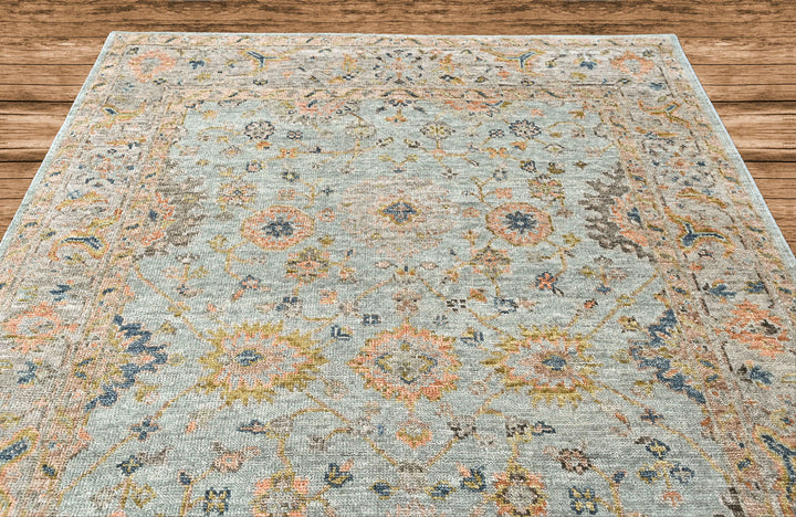 8x10 Aqua, Gray, Peach Color Hand Knotted Oushak Wool Transitional Oriental Rug