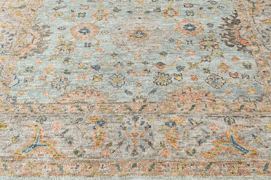 8x10 Aqua, Gray, Peach Color Hand Knotted Oushak Wool Transitional Oriental Rug