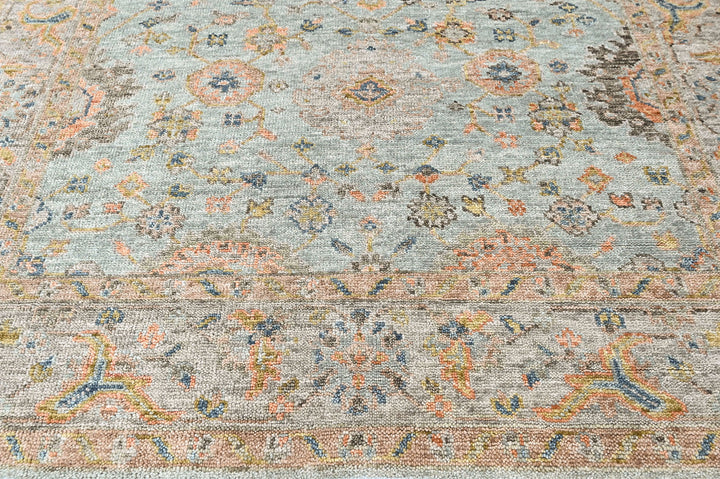 8x10 Aqua, Gray, Peach Color Hand Knotted Oushak Wool Transitional Oriental Rug