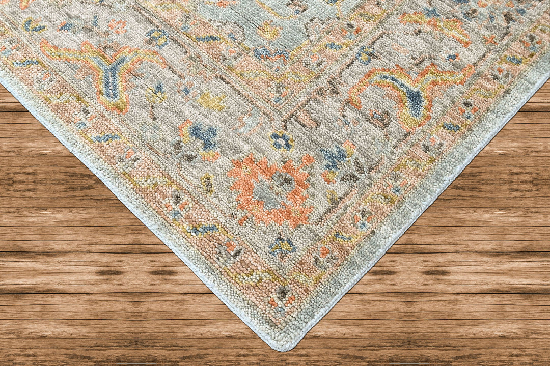 8x10 Aqua, Gray, Peach Color Hand Knotted Oushak Wool Transitional Oriental Rug