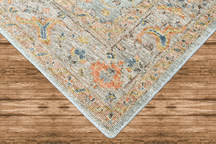 8x10 Aqua, Gray, Peach Color Hand Knotted Oushak Wool Transitional Oriental Rug