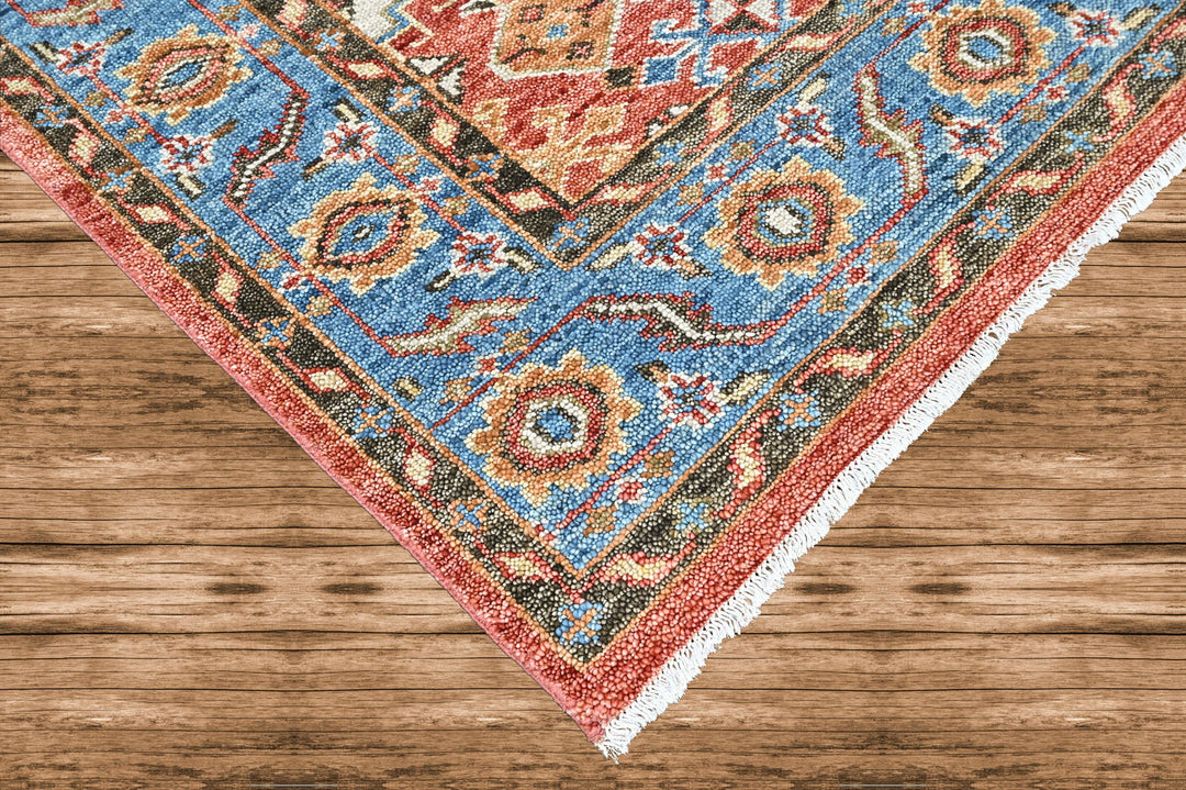 Multi Size Rust Blue Aqua Color Hand Knotted Oushak Wool Transitional Oriental Rug