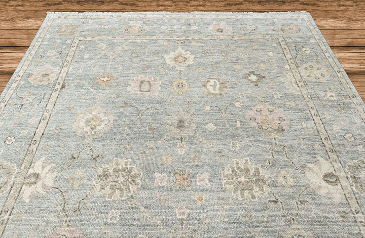 9x12 Celedon, Ivory, Gray Color Hand Knotted Oushak Wool Transitional Oriental Rug