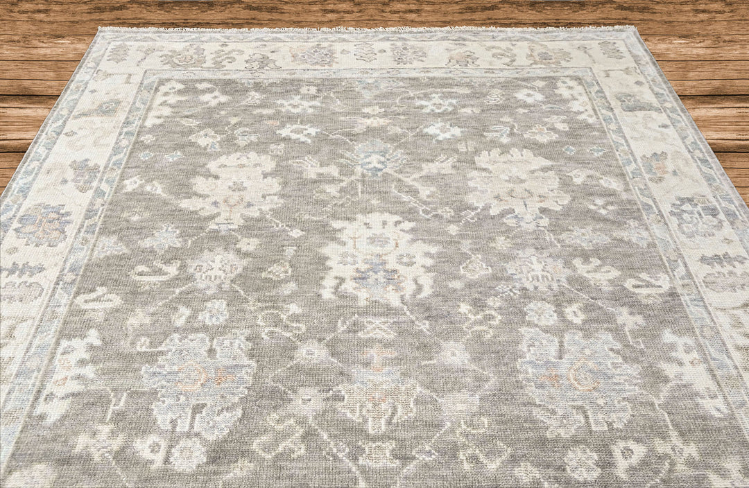 Multi Size Gray Slate Ivory Color Hand Knotted Oushak Wool Transitional Oriental Rug