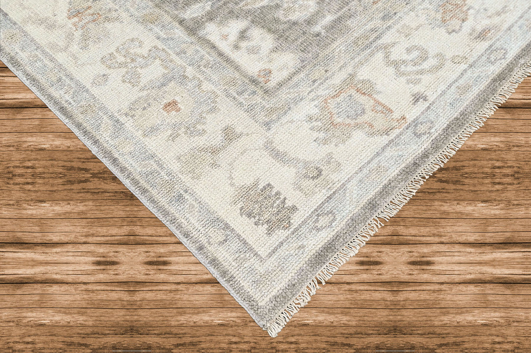 Multi Size Gray Slate Ivory Color Hand Knotted Oushak Wool Transitional Oriental Rug