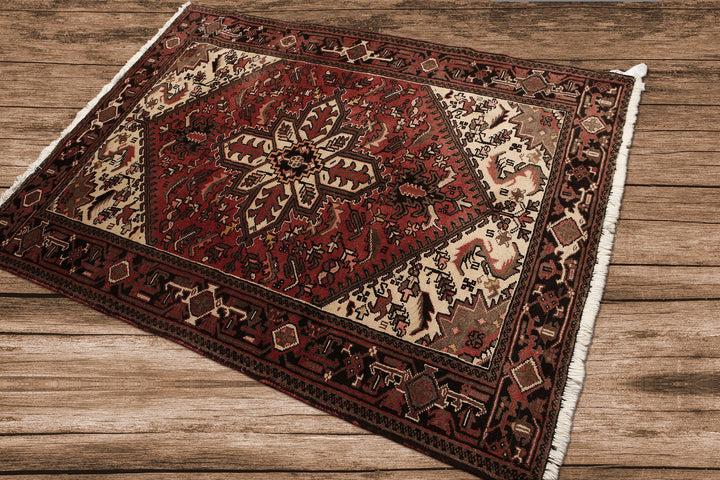 5x7 Rust, Ivory, Charcoal Color Hand Knotted Heriz Wool Traditional Oriental Rug