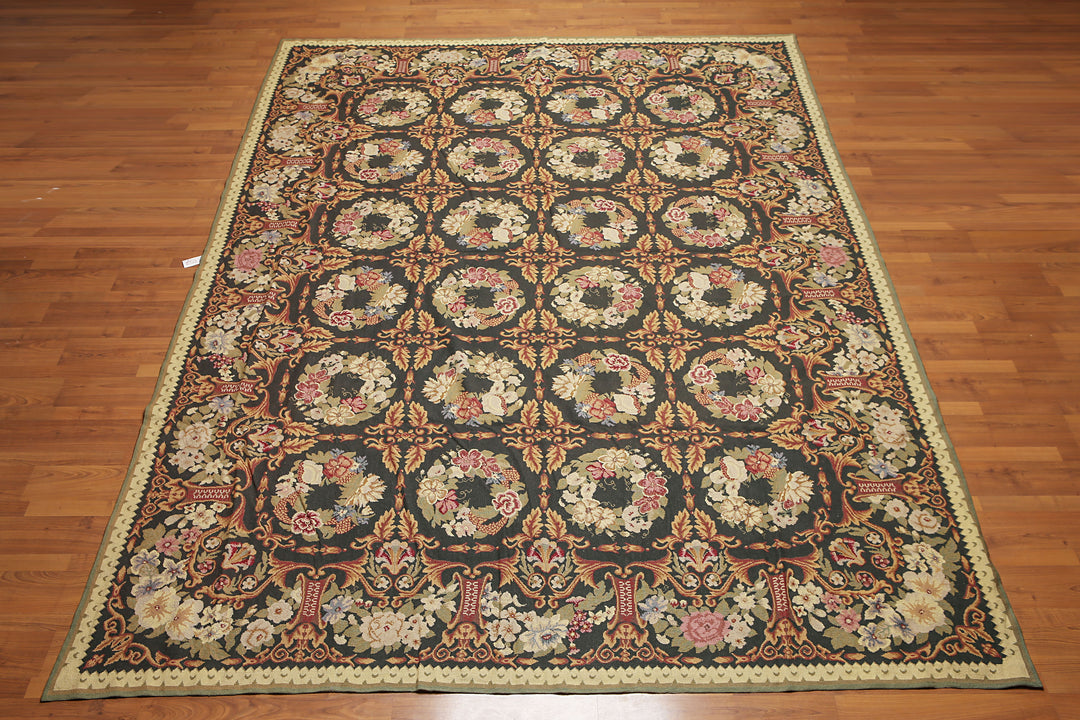 9x12 wool needlepoint area rug blending classic Aubusson artistry with modern elegance