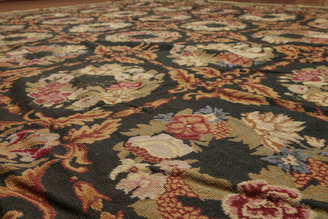 Elegant Celeste Rugs Aubusson needlepoint area rug featuring gold, sage, olive, and rust detailing