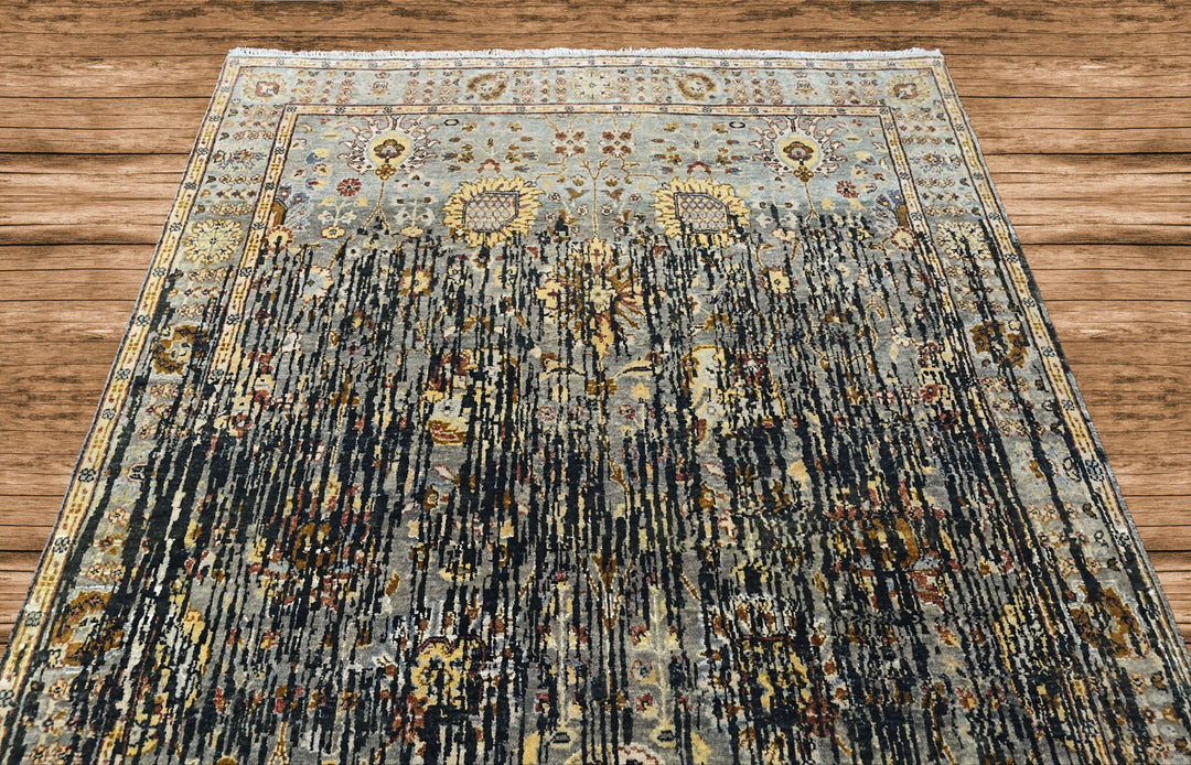6x9 Slate, Charcoal, Gold Color Hand Knotted Oushak Wool Modern Oriental Rug