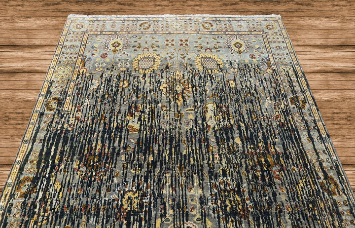 6x9 Slate, Charcoal, Gold Color Hand Knotted Oushak Wool Modern Oriental Rug