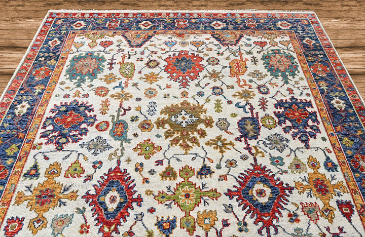 9x12 Beige, Blue, Red Color Hand Knotted Oushak Wool Arts and Crafts Oriental Rug
