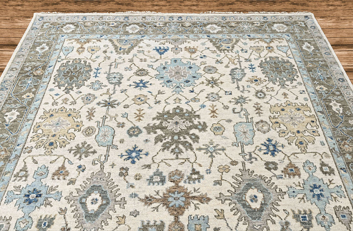 9x12 Beige, Gray, Blue Color Hand Knotted Oushak Wool Transitional Oriental Rug