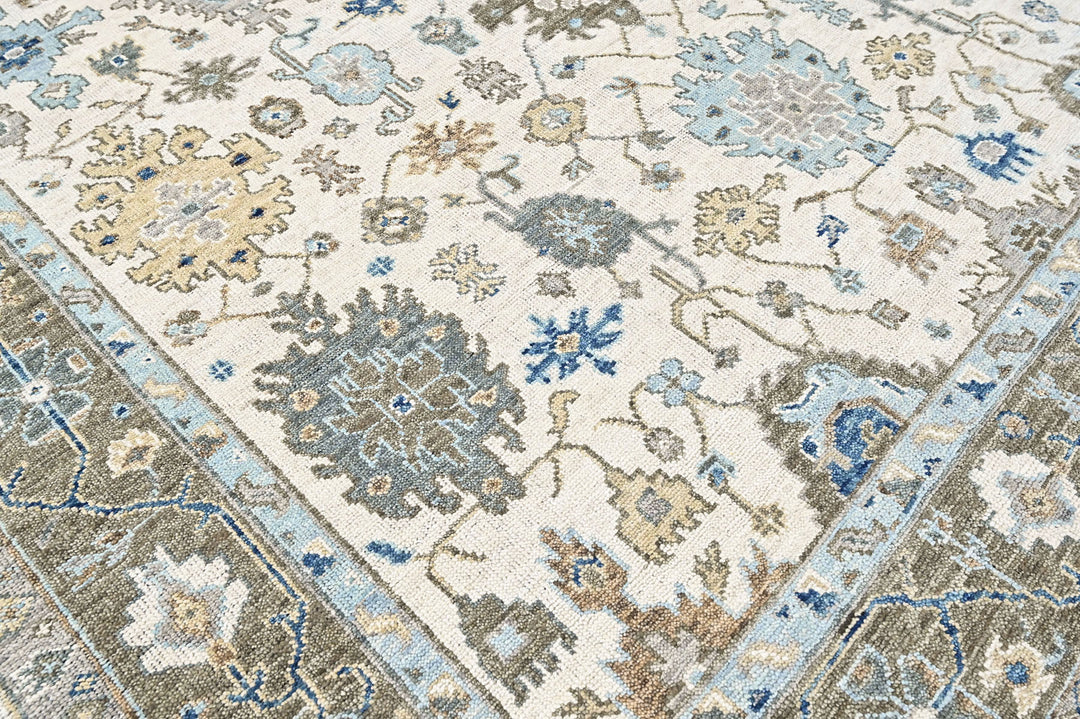 9x12 Beige, Gray, Blue Color Hand Knotted Oushak Wool Transitional Oriental Rug