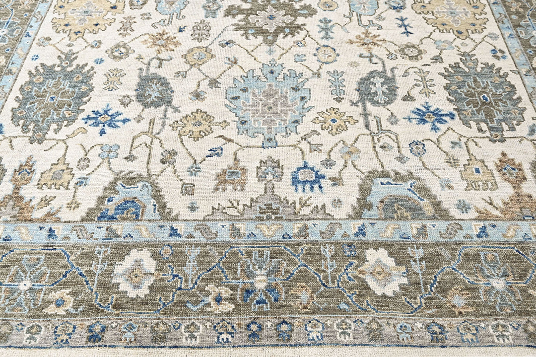 9x12 Beige, Gray, Blue Color Hand Knotted Oushak Wool Transitional Oriental Rug