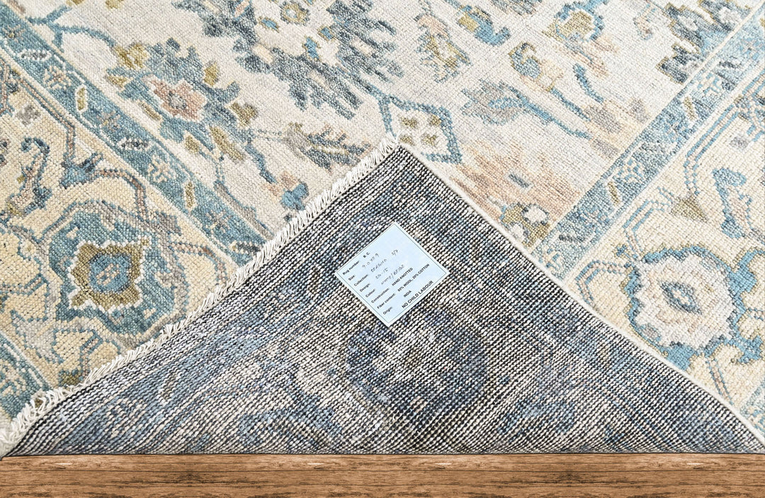 9x12 Beige, Slate, Aqua Color Hand Knotted Oushak Wool Transitional Oriental Rug