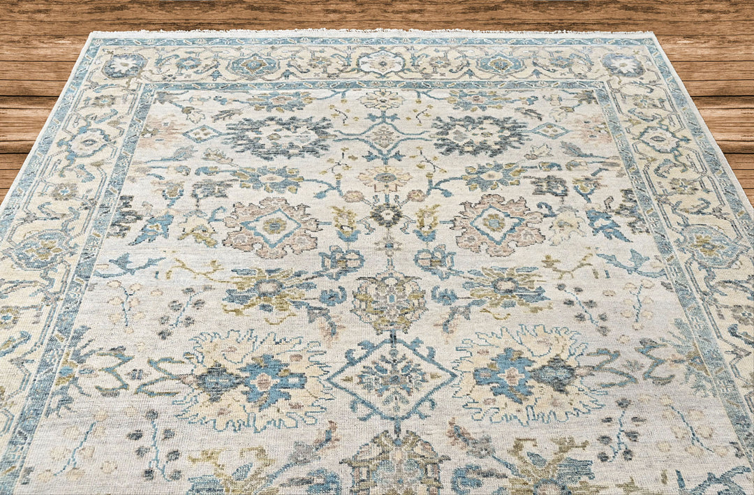 9x12 Beige, Slate, Aqua Color Hand Knotted Oushak Wool Transitional Oriental Rug