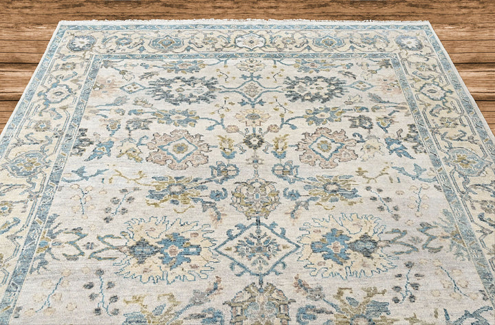 9x12 Beige, Slate, Aqua Color Hand Knotted Oushak Wool Transitional Oriental Rug