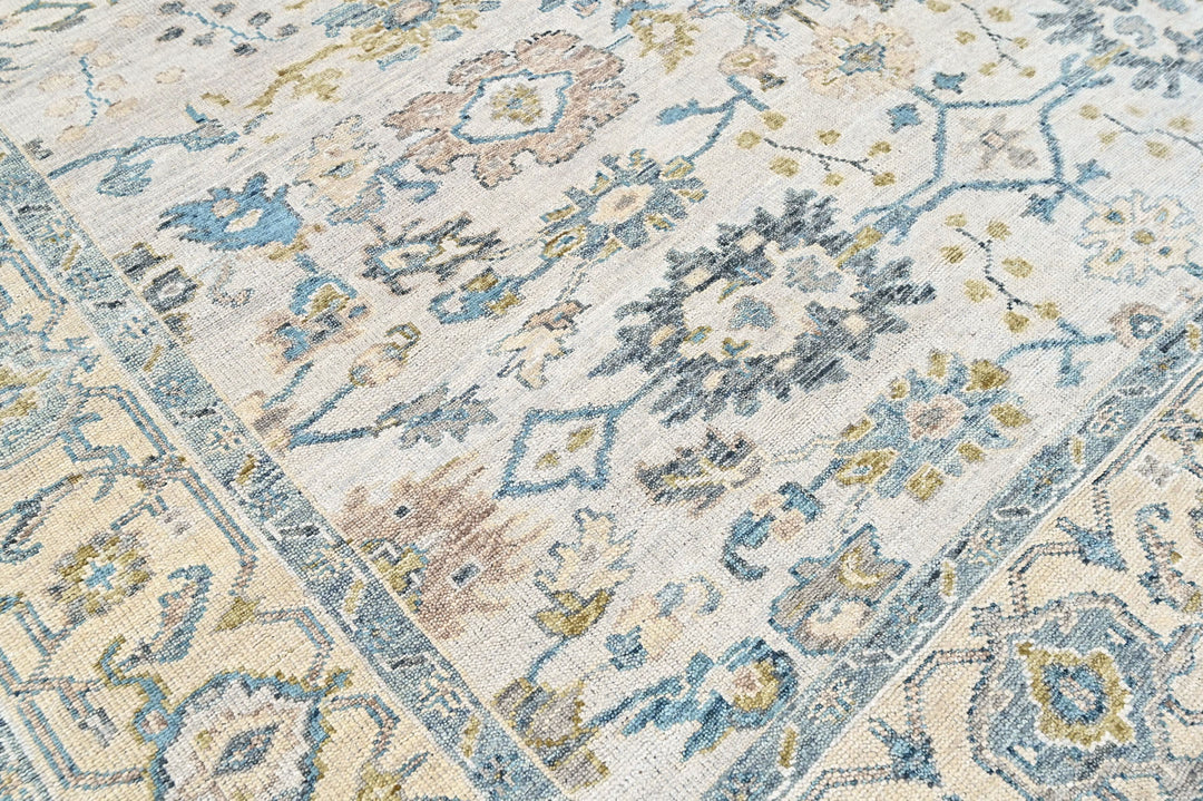 9x12 Beige, Slate, Aqua Color Hand Knotted Oushak Wool Transitional Oriental Rug