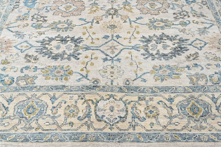 9x12 Beige, Slate, Aqua Color Hand Knotted Oushak Wool Transitional Oriental Rug
