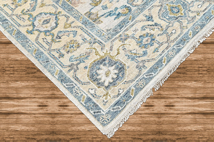 9x12 Beige, Slate, Aqua Color Hand Knotted Oushak Wool Transitional Oriental Rug