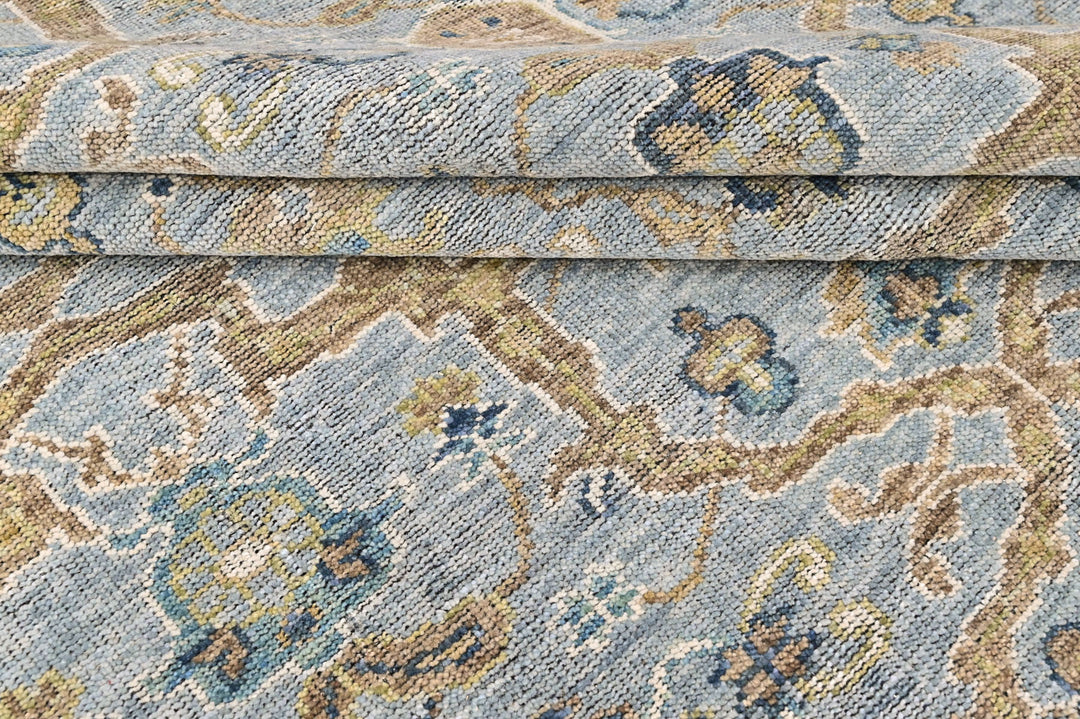 9x12 Blue, Ivory, Moss Color Hand Knotted Oushak Wool Transitional Oriental Rug