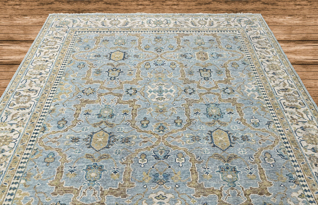 9x12 Blue, Ivory, Moss Color Hand Knotted Oushak Wool Transitional Oriental Rug