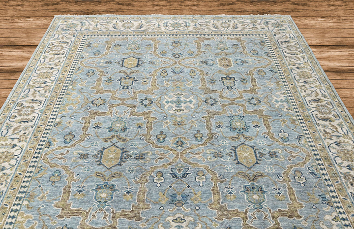 9x12 Blue, Ivory, Moss Color Hand Knotted Oushak Wool Transitional Oriental Rug