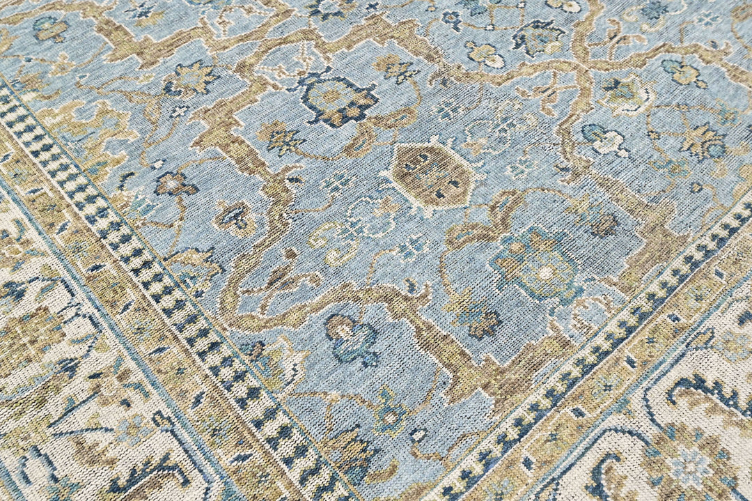 9x12 Blue, Ivory, Moss Color Hand Knotted Oushak Wool Transitional Oriental Rug