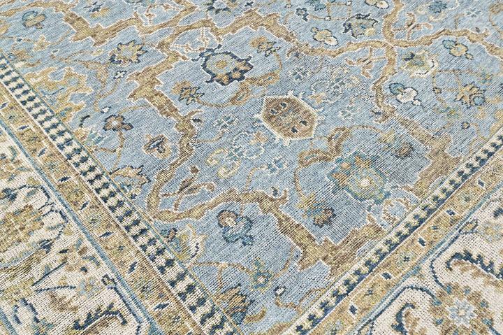9x12 Blue, Ivory, Moss Color Hand Knotted Oushak Wool Transitional Oriental Rug