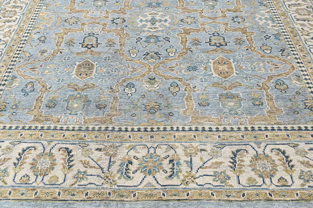 9x12 Blue, Ivory, Moss Color Hand Knotted Oushak Wool Transitional Oriental Rug