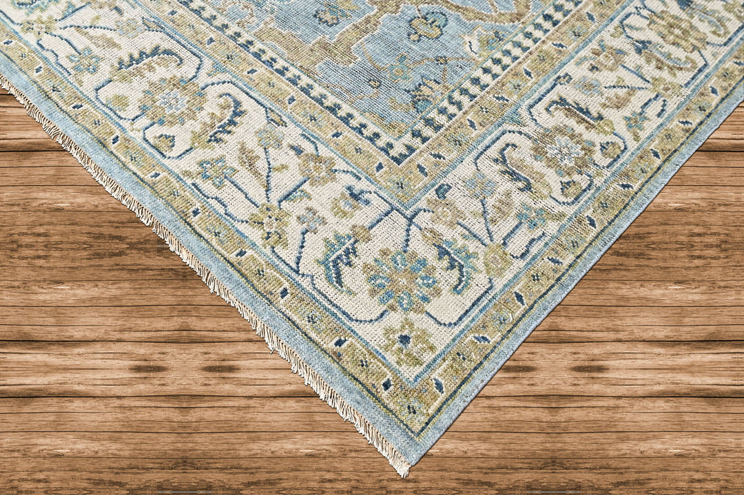 9x12 Blue, Ivory, Moss Color Hand Knotted Oushak Wool Transitional Oriental Rug