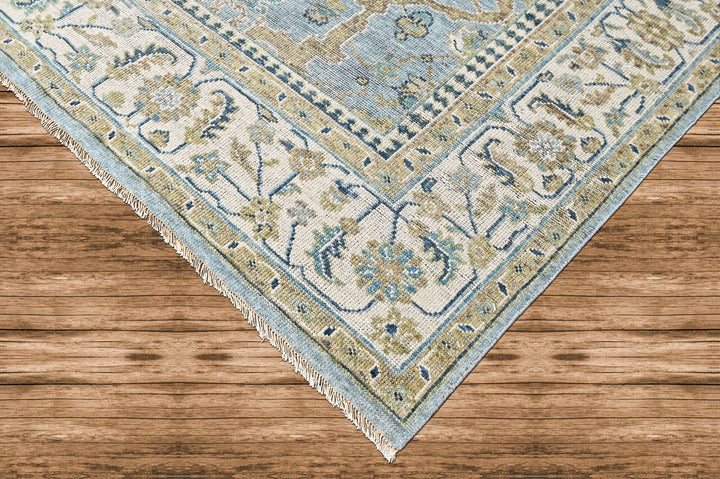 9x12 Blue, Ivory, Moss Color Hand Knotted Oushak Wool Transitional Oriental Rug
