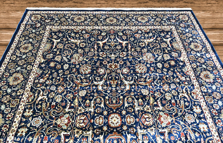 9x12 Navy, Ivory, Aqua Color Power Loom Oushak Wool Traditional Oriental Rug