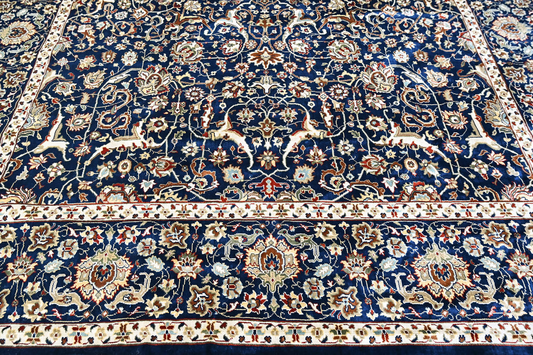 9x12 Navy, Ivory, Aqua Color Power Loom Oushak Wool Traditional Oriental Rug