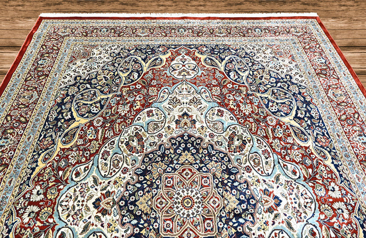 9x12 Red, Ivory, Aqua Color Power Loom Oushak Wool Traditional Oriental Rug